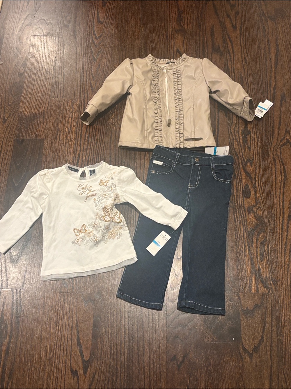 Calvin Klein Jeans Girls Beige Ruffle Faux Leather Jacket, tshirt, jeans set